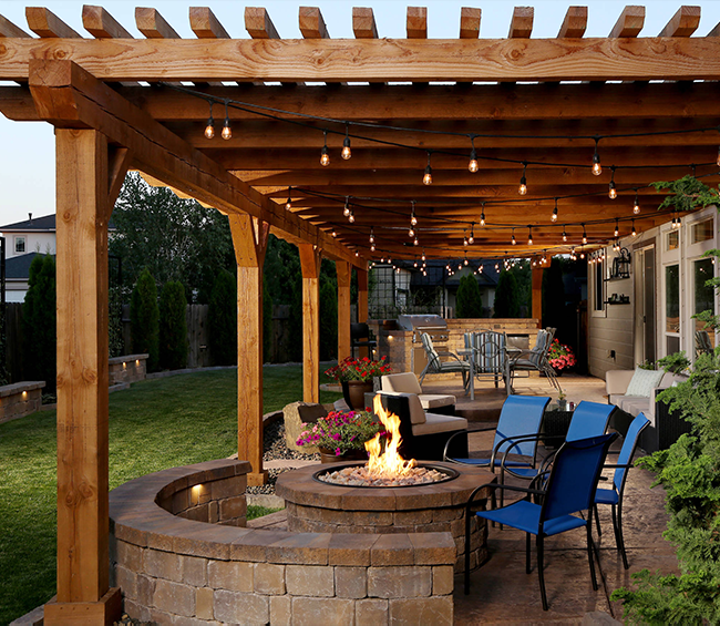 Backyard pergola with fire pit