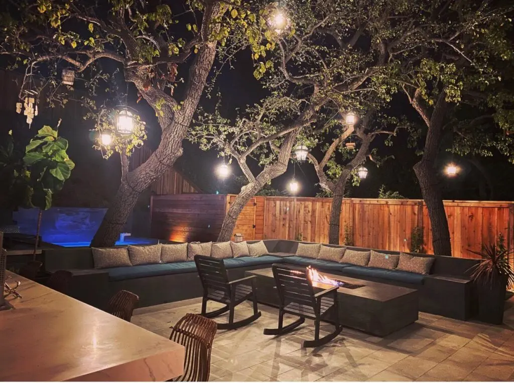 Modern backyard patio with firepit