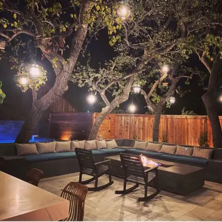 Modern backyard patio with firepit
